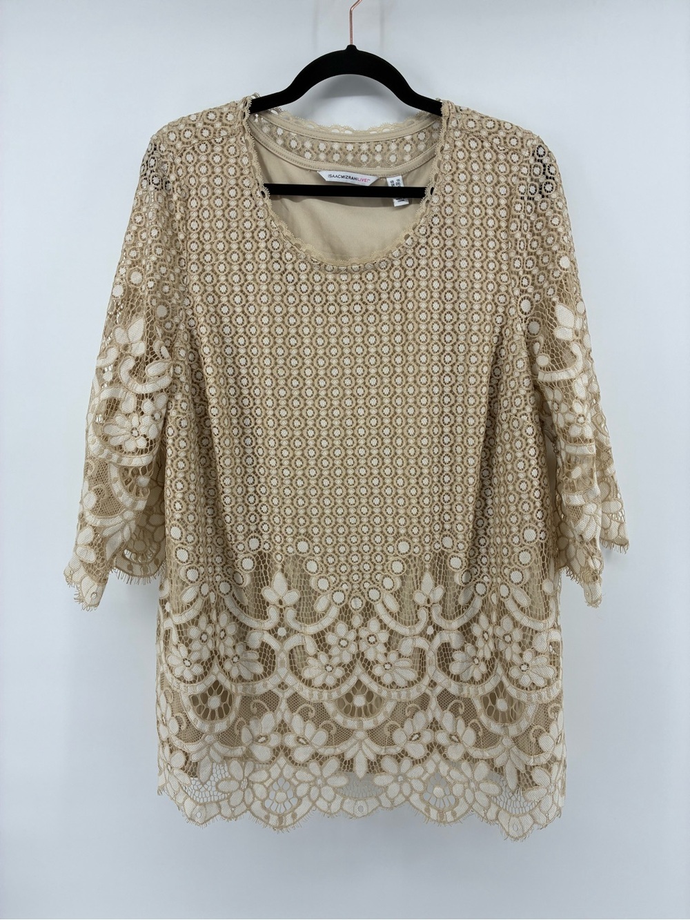 Isaac Mizrahi Live Beige Crochet Lace Scoop Neck Tunic